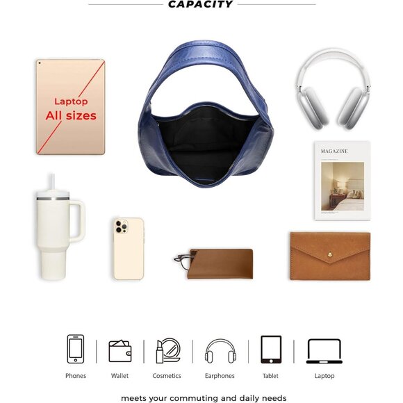 Newbella Women's Blue Soft PU Leather Shoulder Tote Hobo Purses with Zipper - Picture 3 of 7